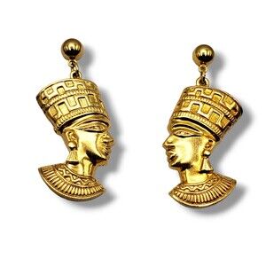 Egyptian Revival Queen Nefertiti Gold Tone Earrings Pierced Dangle Vintage Avon